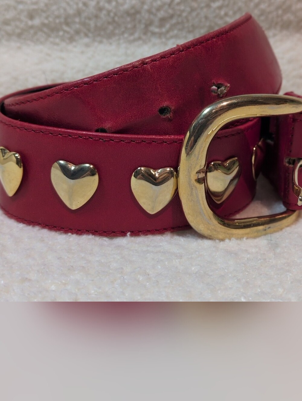 Neiman Marcus Red Italian Leather Small Belt with Gold Heart Studs